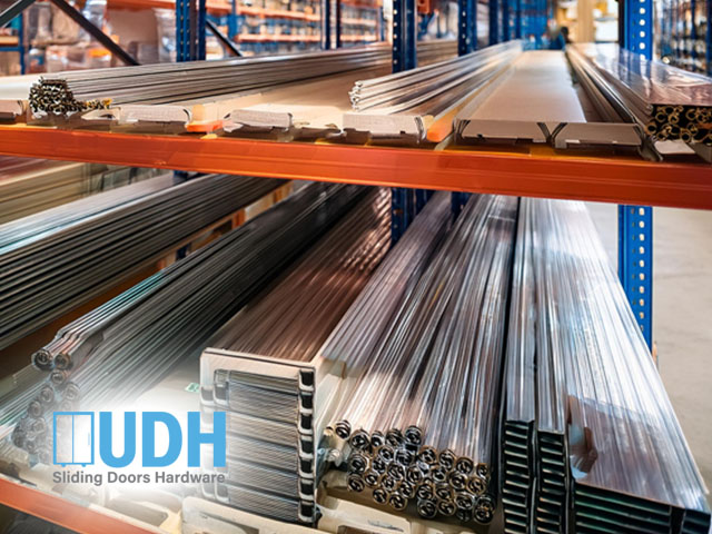 premium sliding door hardware closeup of warehouse shelves with quality sliding door hardware tracks rollers locks ready to supply and ship to customers